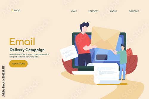 Email delivery service - marketing development concept.   Flat design vector illustration, landing page web banner.