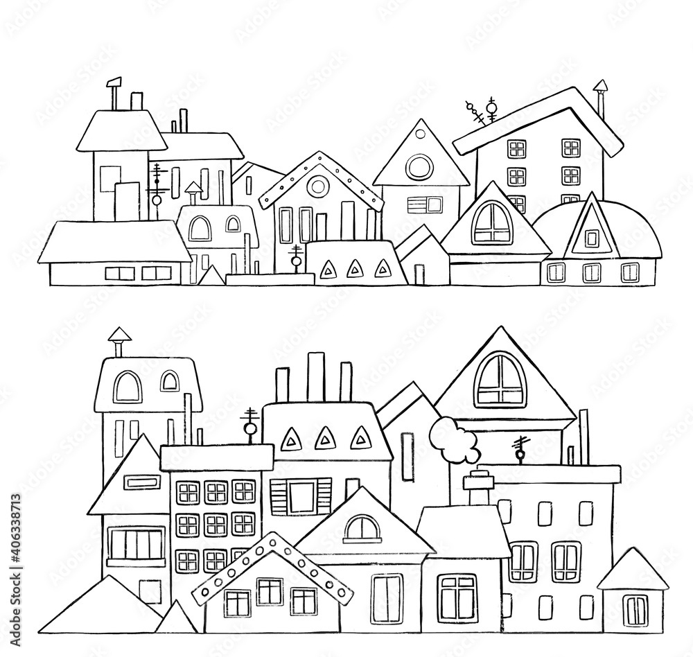 Vector City, Town and Countryside Illustration in Linear Style - buildings, skyscraper, church, factory, barn.