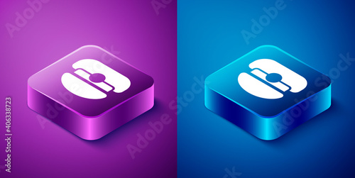 Isometric Captain hat icon isolated on blue and purple background. Square button. Vector.