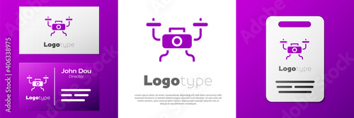 Logotype Drone flying icon isolated on white background. Quadrocopter with video and photo camera symbol. Logo design template element. Vector.