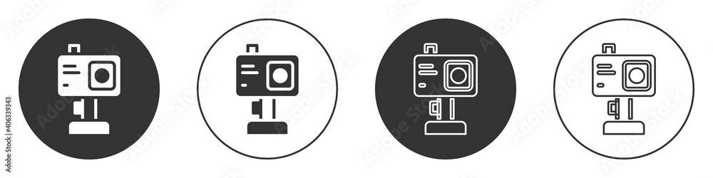 Black Action extreme camera icon isolated on white background. Video camera equipment for filming extreme sports. Circle button. Vector. Black Action extreme camera icon isolated on white background. Video camera equipment for filming extreme sports. Circle button. Vector.