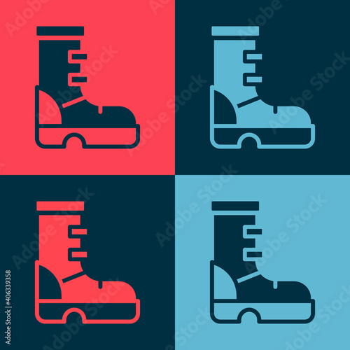 Pop art Waterproof rubber boot icon isolated on color background. Gumboots for rainy weather, fishing, gardening. Vector.