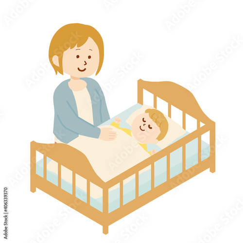赤ちゃんを寝かしつける女性のイラスト