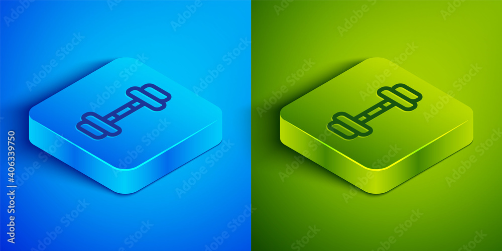 Isometric line Dumbbell icon isolated on blue and green background. Muscle lifting icon, fitness barbell, gym, sports equipment, exercise bumbbell. Square button. Vector Illustration. Isometric line Dumbbell icon isolated on blue and green background. Muscle lifting icon, fitness barbell, gym, sports equipment, exercise bumbbell. Square button. Vector Illustration.