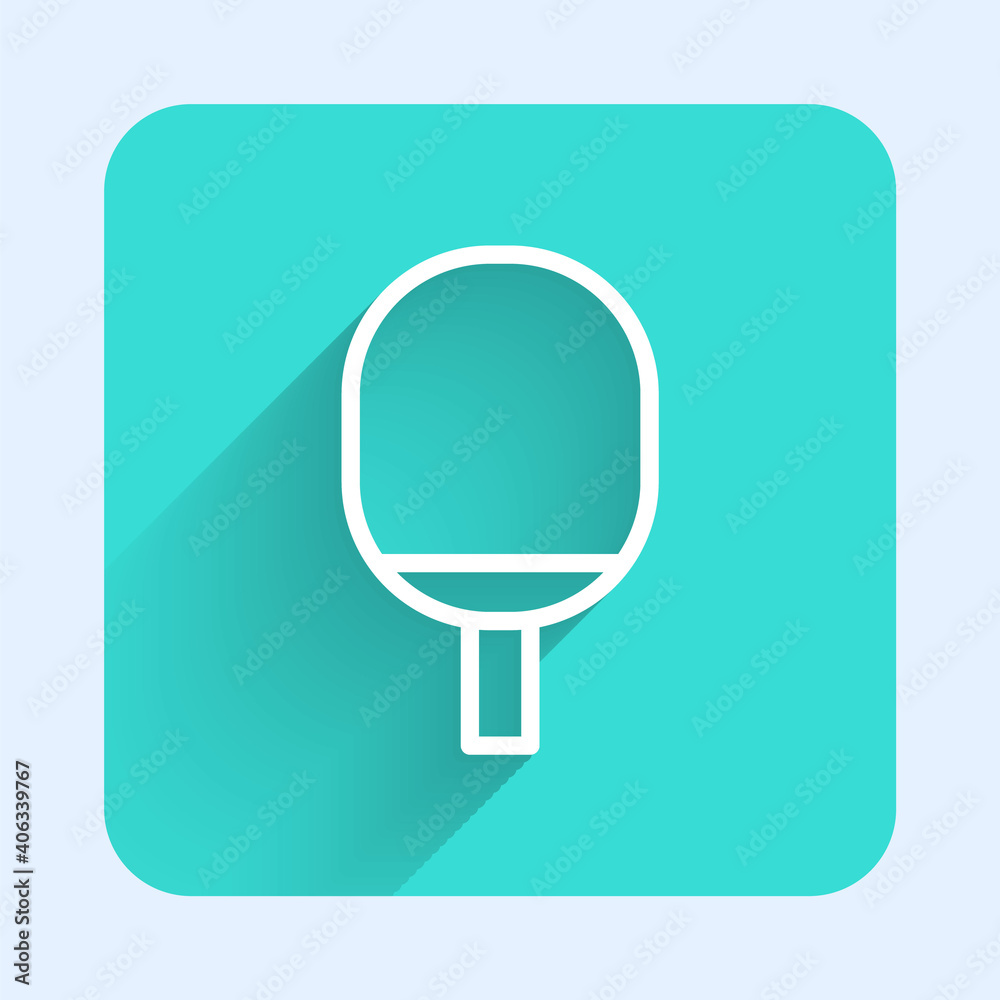 White line Racket for playing table tennis icon isolated with long shadow. Green square button. Vector Illustration. White line Racket for playing table tennis icon isolated with long shadow. Green square button. Vector Illustration.