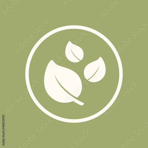 3 leaves in a circle logo icon isolated element on a green background. Simple flat clip art vector graphic design. Sign or symbol for nature, plants, eco friendly products, vegetarian food menu, etc.