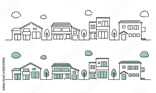 街並みのイラストのセット シンプル 町並み 家 建物 おしゃれ 背景