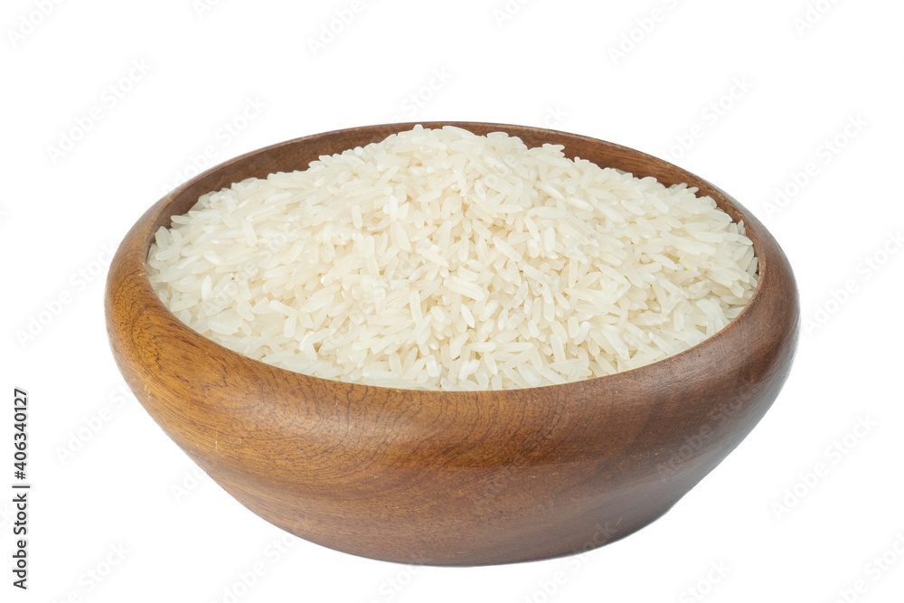 Raw Thai fragrant jasmine rice (Oryza sativa) in bamboo basket isolated on white background.concept for agriculture Raw Thai fragrant jasmine rice (Oryza sativa) in bamboo basket isolated on white background.concept for agriculture