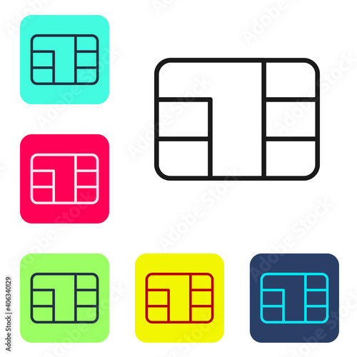 Black line Credit card with chip icon isolated on white background. Contactless payment. Set icons in color square buttons. Vector Illustration.