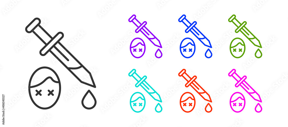 Black line Sword with blood icon isolated on white background. Medieval weapons knight and soldier. Symbol of murder. Set icons colorful. Vector. Black line Sword with blood icon isolated on white background. Medieval weapons knight and soldier. Symbol of murder. Set icons colorful. Vector.