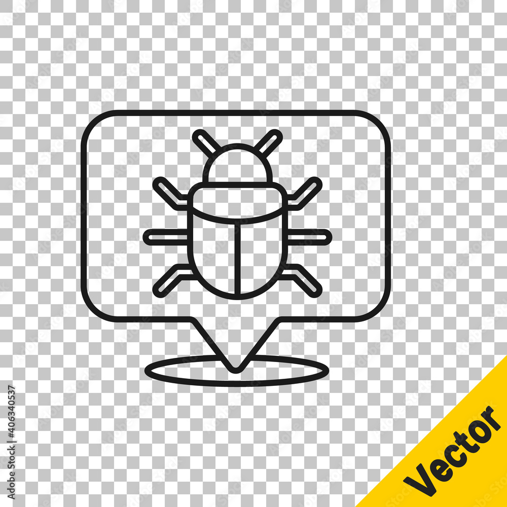 Black line System bug concept icon isolated on transparent background. Code bug concept. Bug in the system. Bug searching. Vector. Black line System bug concept icon isolated on transparent background. Code bug concept. Bug in the system. Bug searching. Vector.
