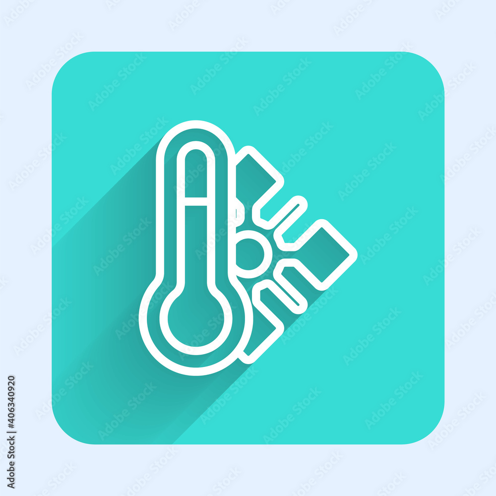 White line Meteorology thermometer measuring icon isolated with long shadow. Thermometer equipment showing hot or cold weather. Green square button. Vector. White line Meteorology thermometer measuring icon isolated with long shadow. Thermometer equipment showing hot or cold weather. Green square button. Vector.