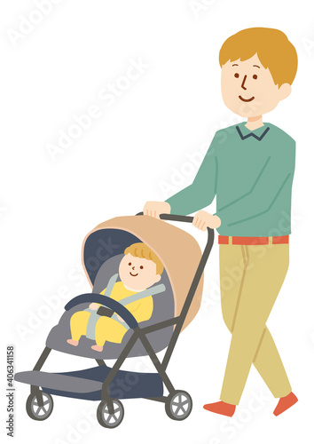 ベビーカーに乗った赤ちゃんと男性のイラスト