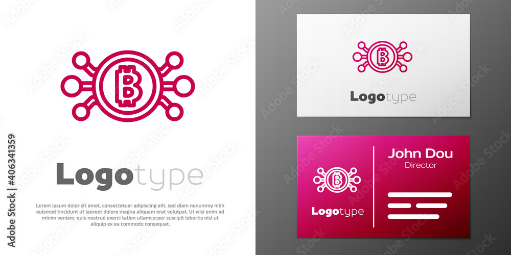 Logotype line Cryptocurrency bitcoin in circle with microchip circuit icon isolated on white background. Blockchain technology, digital money market. Logo design template element. Vector.