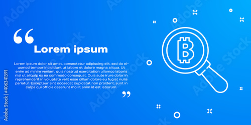 White line Magnifying glass with Bitcoin icon isolated on blue background. Physical bit coin. Blockchain based secure crypto currency. Vector.