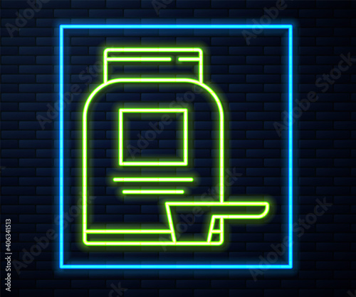 Glowing neon line Sports nutrition bodybuilding proteine power drink and food icon isolated on brick wall background. Vector.