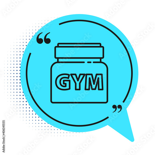 Black line Sports nutrition bodybuilding proteine power drink and food icon isolated on white background. Blue speech bubble symbol. Vector.