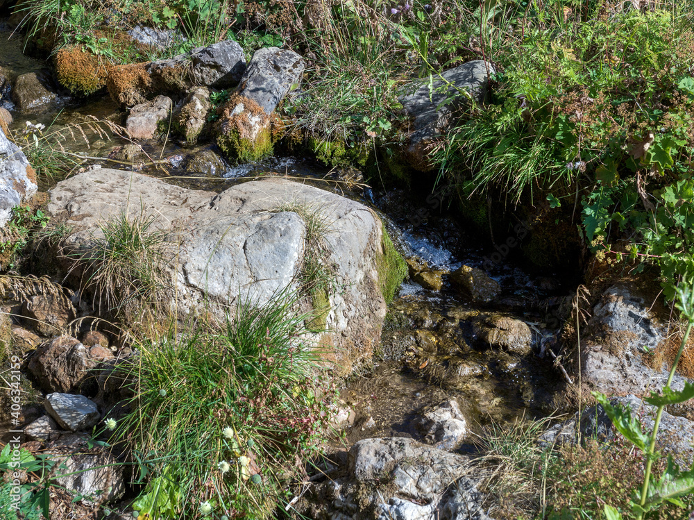 Springs, primary sources, the beginning of mountain and other rivers, a small stream among rocks in the summer. Springs, primary sources, the beginning of mountain and other rivers, a small stream among rocks in the summer.