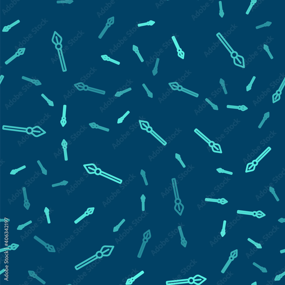 Green line Medieval spear icon isolated seamless pattern on blue background. Medieval weapon. Vector.