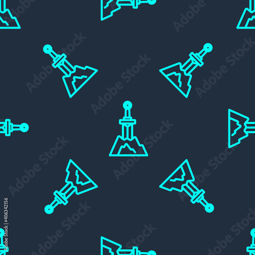 Green line Sword in the stone icon isolated seamless pattern on blue background. Excalibur the sword in the stone from the Arthurian legends. Vector.