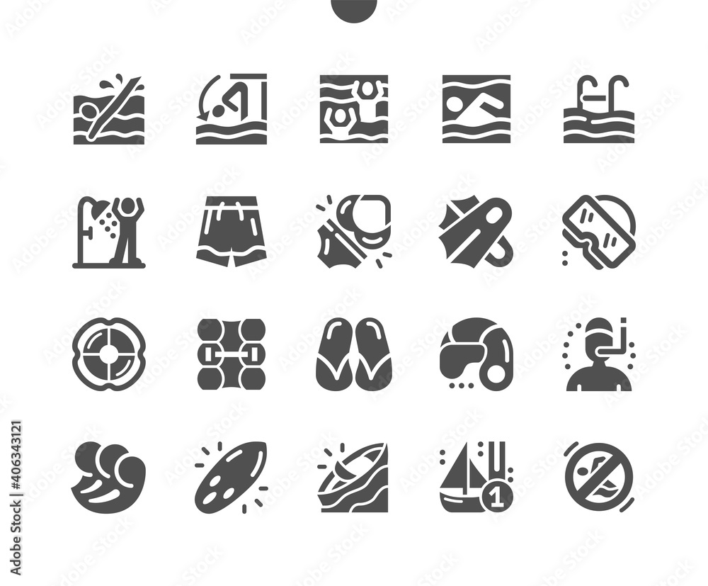 Swimming pool, slippers, swimming flippers, waves, diving mask and surfboard. Activity, sport, game and competition. Vector Solid Icons. Simple Pictogram