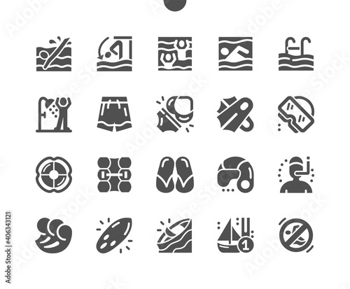 Swimming pool  slippers  swimming flippers  waves  diving mask and surfboard. Activity  sport  game and competition. Vector Solid Icons. Simple Pictogram