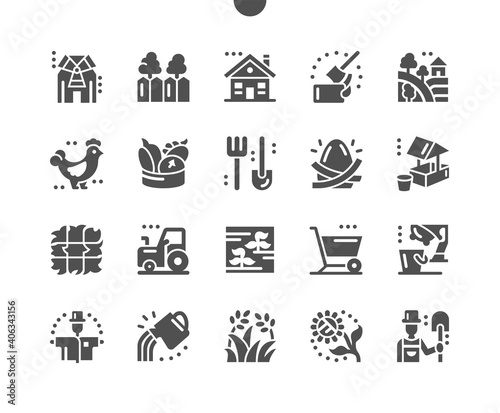 Village. Rural landscape. Vegetables from the garden. Tractor, cart, shovel and pitchfork. Chicken egg and fresh milk. Vector Solid Icons. Simple Pictogram