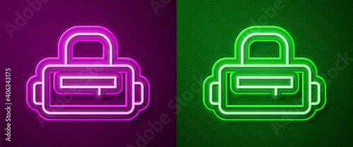 Glowing neon line Sport bag icon isolated on purple and green background. Vector.