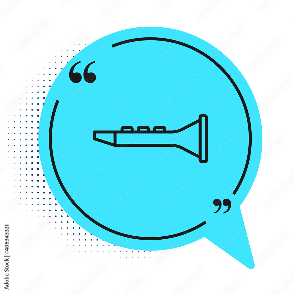 Black line Clarinet icon isolated on white background. Musical instrument. Blue speech bubble symbol. Vector. Black line Clarinet icon isolated on white background. Musical instrument. Blue speech bubble symbol. Vector.