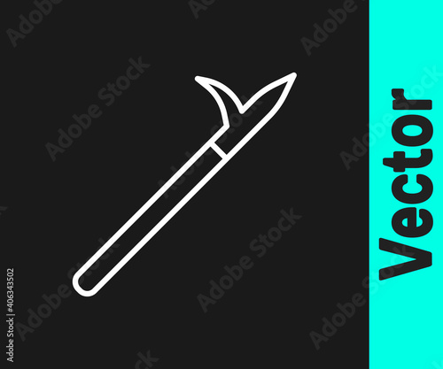 White line Metal pike pole with wooden handle icon isolated on black background. Spear, pickaxe, hook hand extinguishing instrument and tool for fireman. Vector.