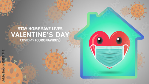 Heart in protective mask, Staying at home with self quarantine to help slow outbreak and protect virus spread, Valentines day concept and Covid-19.