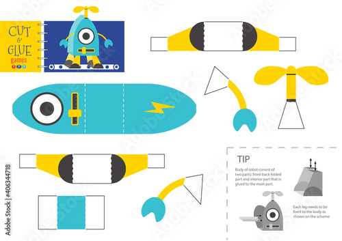 Cut and glue robot toy vector illustration, worksheet.