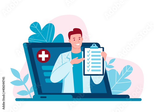Internet doctor. Telemedicine. Doctor's consultation via the Internet with a doctor. Medicine and healthcare concept. Online medical care for patients. Vector illustration in flat cartoon style.