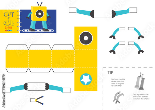 Cut and glue robot toy vector illustration. Paper craft and diy riddle