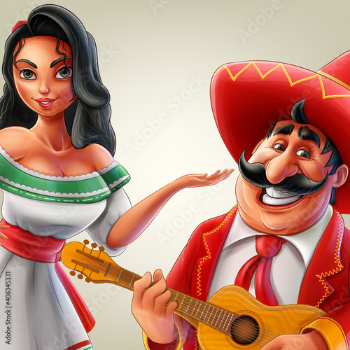 cartoon style mexican characters with man playing guitar and woman dancing
