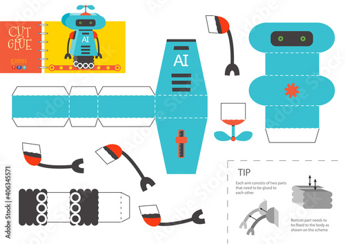 Cut and glue robot toy vector illustration, worksheet.