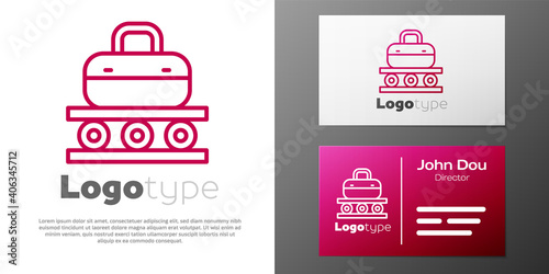 Logotype line Airport conveyor belt with passenger luggage, suitcase, bag, baggage icon isolated on white background. Logo design template element. Vector.