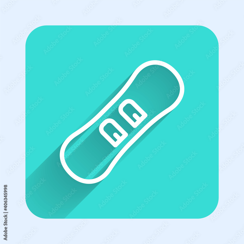 White line Snowboard icon isolated with long shadow. Snowboarding board icon. Extreme sport. Sport equipment. Green square button. Vector. White line Snowboard icon isolated with long shadow. Snowboarding board icon. Extreme sport. Sport equipment. Green square button. Vector.