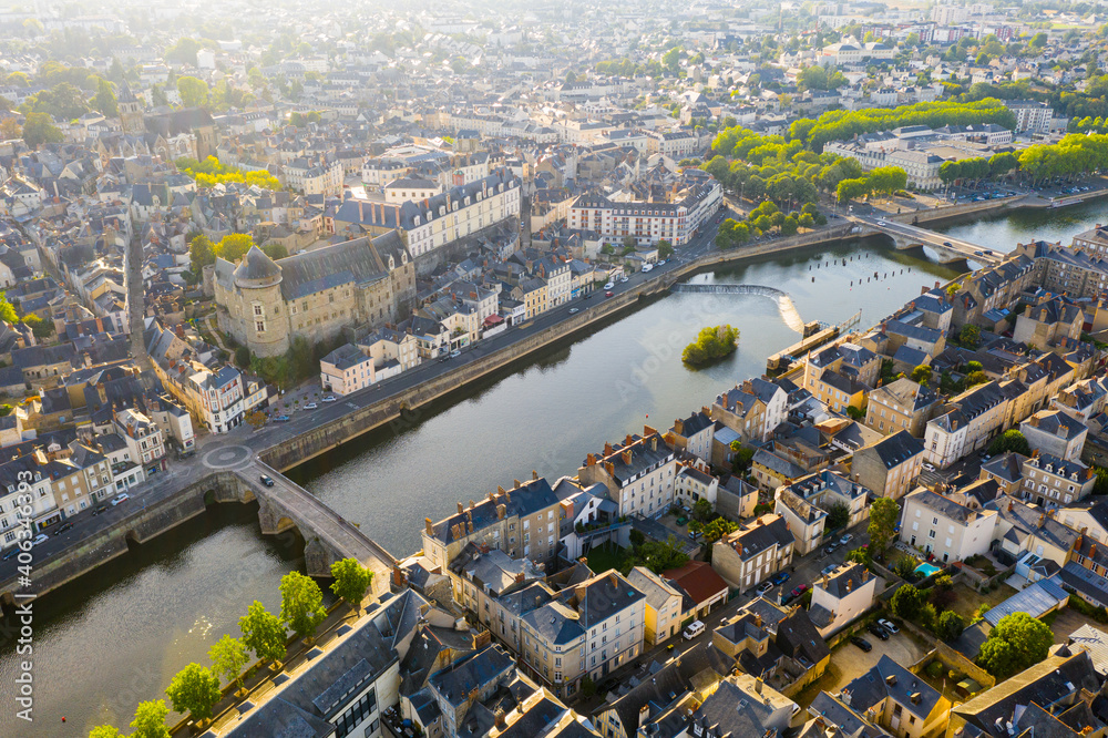 Fototapeta premium Scenic aerial view of old town of French city of Laval at sunny summer day