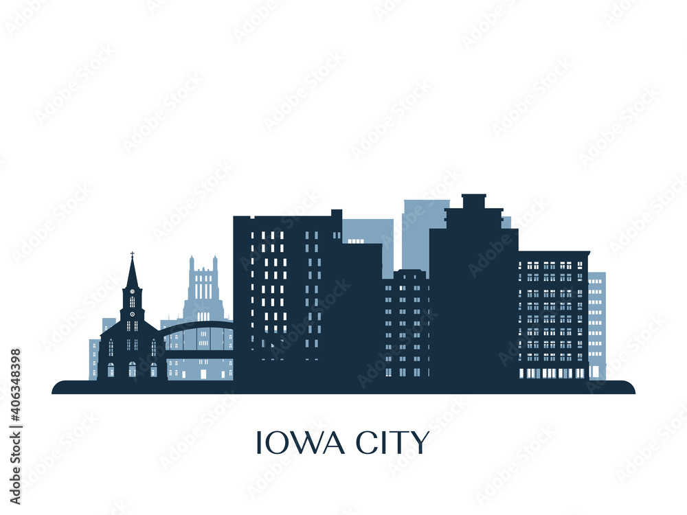 Iowa City skyline, monochrome silhouette. Vector illustration.