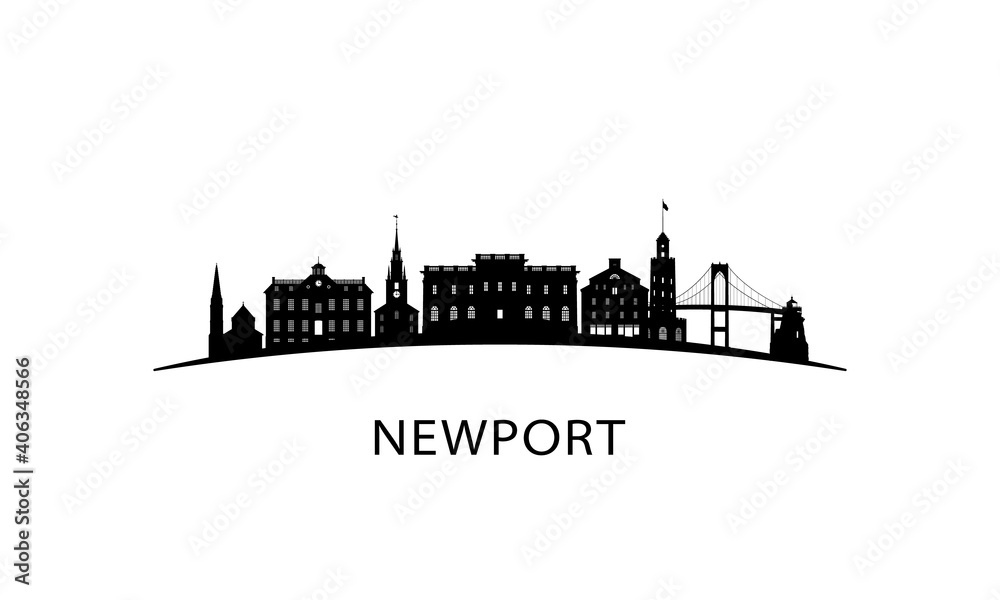 Newport Rhode Island city skyline. Black cityscape isolated on white background. Vector banner.