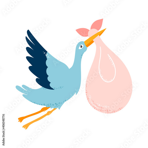 Baby card. The stork is carrying a child. Vector illustration on white isolated background