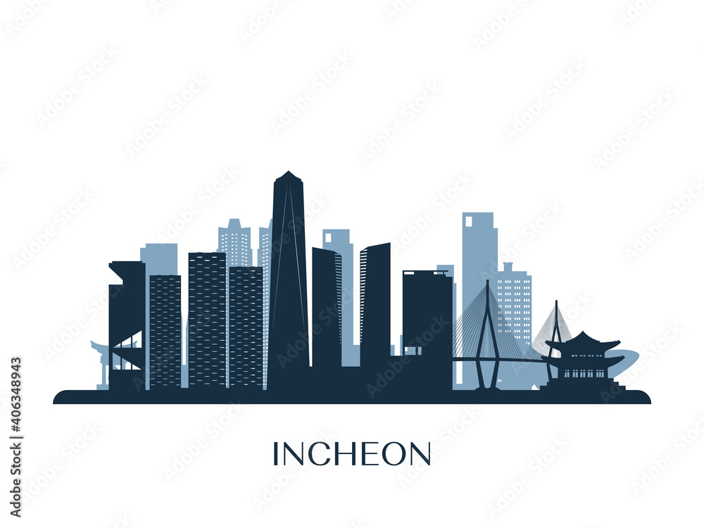 Incheon skyline, monochrome silhouette. Vector illustration.