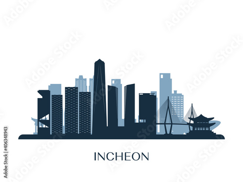 Incheon skyline, monochrome silhouette. Vector illustration.