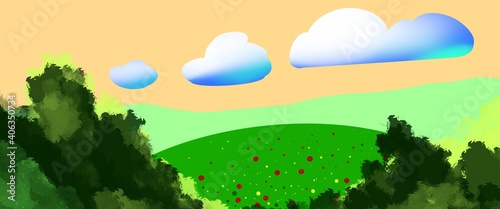 Simple landscape illustration with clouds and greens .