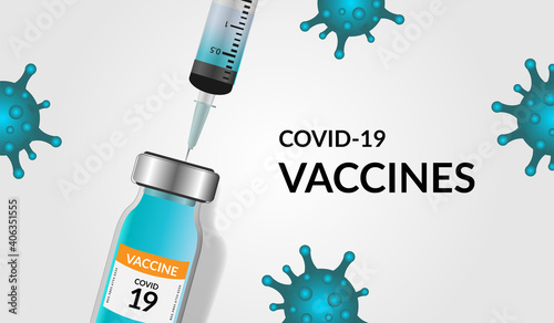 Covid-19 corona virus vaccination with vaccine bottle and syringe injection tool for covid19 immunization treatment. Coronavirus vaccine vector background. 