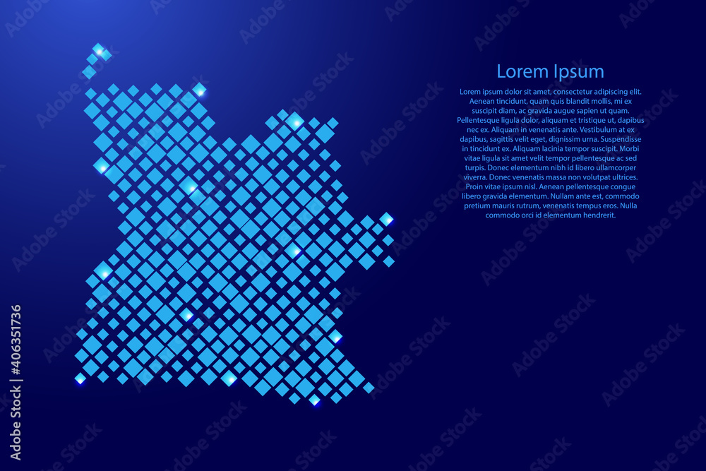 Angola map from blue pattern rhombuses of different sizes and glowing space stars grid. Vector illustration.