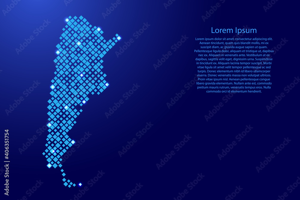 Argentina map from blue pattern rhombuses of different sizes and glowing space stars grid. Vector illustration.