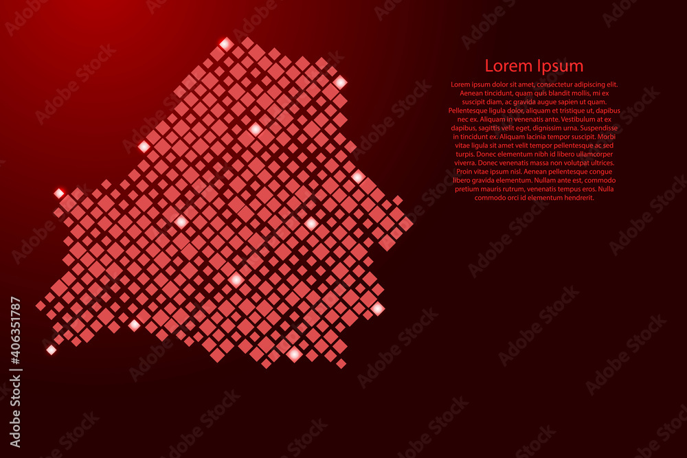 Belarus map from red pattern rhombuses of different sizes and glowing space stars grid. Vector illustration.