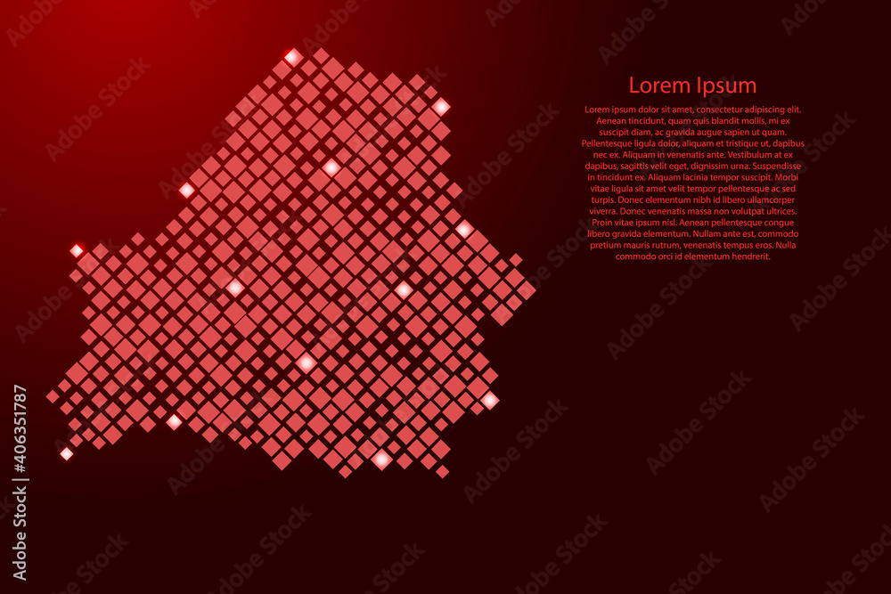Belarus map from red pattern rhombuses of different sizes and glowing space stars grid. Vector illustration. Belarus map from red pattern rhombuses of different sizes and glowing space stars grid. Vector illustration.
